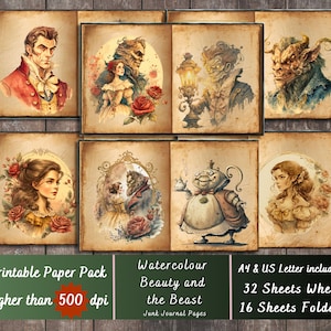 Printable Beauty and the Beast Paper, Belle Beauty Ephemera, Beauty and Beast Rose Pages, Download Junk Journal, Scrapbooking, Card Making