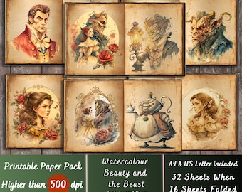 Printable Beauty and the Beast Paper, Belle Beauty Ephemera, Beauty and Beast Rose Pages, Download Junk Journal, Scrapbooking, Card Making