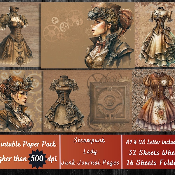 Printable Steampunk Woman Digital Paper, Steampunk Dress Ephemera, Victorian Lady Pages, Download Junk Journal, Scrapbooking, Card Making