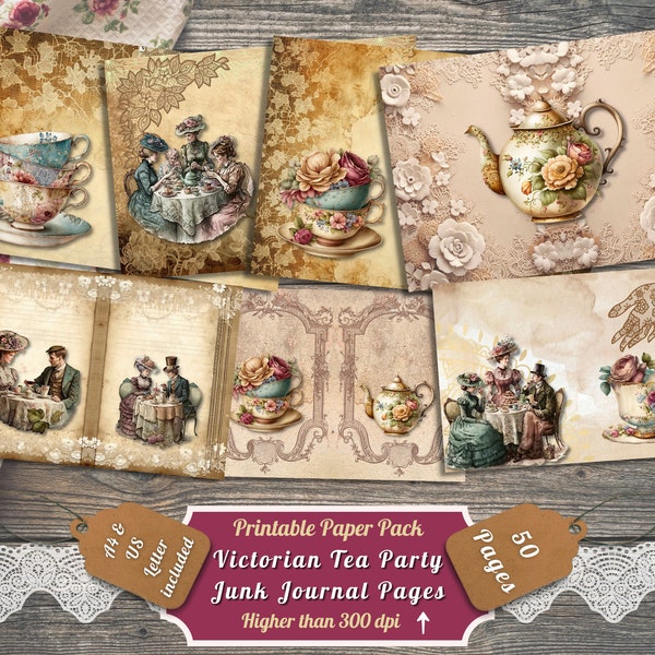 Printable Victorian Tea Party Digital Paper, Vintage Tea Set Ephemera, Floral Tea Cup Page, Download Junk Journal, Scrapbooking, Card Making