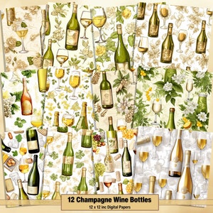 Printable Champagne Wine Bottles Digital Papers, French Pattern Page, Background, Ephemera, Download Junk Journal, Scrapbooking, Card Making