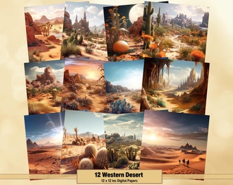 Printable Western Desert Digital Paper, Sahara Landscape Page, Cactus Background, Ephemera, Download Junk Journal, Scrapbooking, Card Making