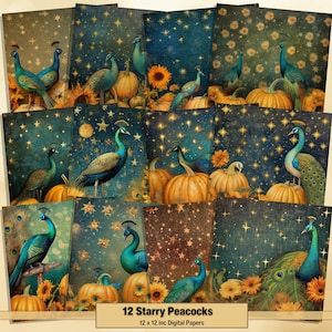 Printable Starry Peacocks Digital Papers, Fantasy Peacock Pages, Fall Background, Ephemera, Download Junk Journal, Scrapbooking, Card Making