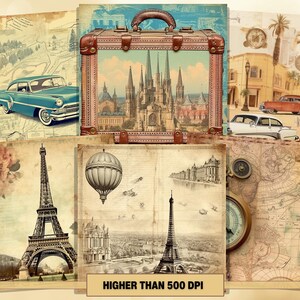 Printable Vintage Travel Digital Papers, Antique Suitcase Pages, Car ...