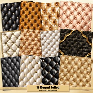May include: Twelve digital papers featuring tufted upholstery patterns in black, white, gold, and peach. The patterns have a repeating design of square tufts with gold buttons.