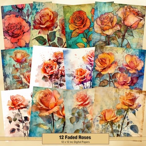 Printable Faded Roses Digital Papers, Vintage Floral Pages, Antique Background, Ephemera, Download Junk Journal, Scrapbooking, Card Making