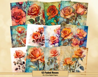 Printable Faded Roses Digital Papers, Vintage Floral Pages, Antique Background, Ephemera, Download Junk Journal, Scrapbooking, Card Making