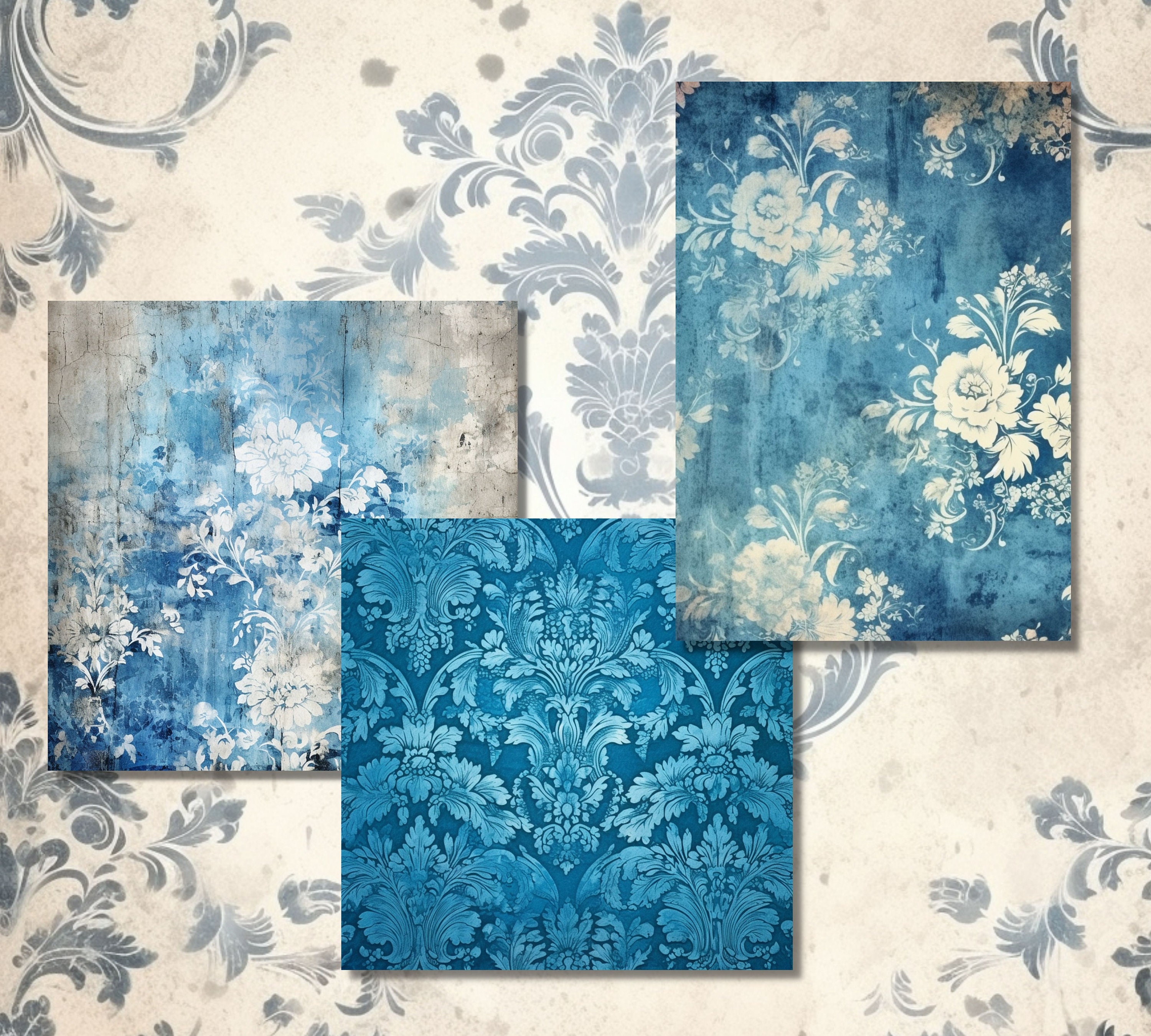 Printable Victorian Blue Damask Junk Journal Pages Kit, Vintage Floral ...