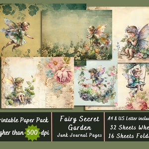 Printable Secret Garden Fairy Digital Paper, Enchanted Fairy Ephemera, Vintage Floral Page, Download Junk Journal, Scrapbooking, Card Making