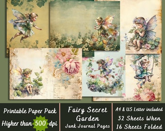 May include: Printable paper pack of 32 sheets, featuring fairy illustrations with floral and garden themes. The pack includes A4 and US Letter sizes, and the paper is over 500 dpi. The text "Fairy Secret Garden" and "Junk Journal Pages" is included in the image.