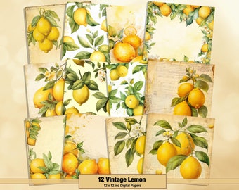 Printable Vintage Lemon Digital Paper, Summer Fruit Pages, Background, Watercolor Ephemera, Download Junk Journal, Scrapbooking, Card Making