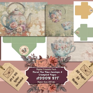 Printable Floral Tea Time Junk Journal Pages and Envelopes Kit, Vintage Teapot Paper, Ephemera, Digital Download, Scrapbooking, Card Making