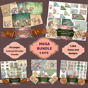 Printable Floral Horses Digital Papers Mega Bundle, Horse Fussy Cuts Kit, Tags, Envelopes, Download Junk Journal, Scrapbooking, Card Making