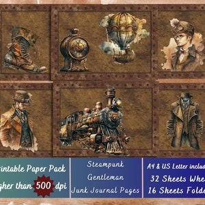 Printable Steampunk Gentleman Digital Paper, Steampunk Hat Ephemera, Victorian Men Pages, Download Junk Journal, Scrapbooking, Card Making