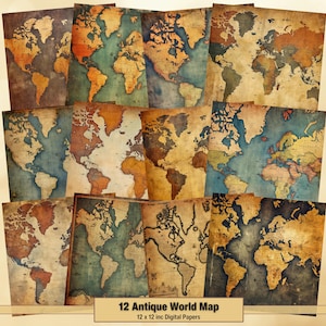 Printable Antique World Map Digital Paper, Vintage Pages, Grunge Background, Map Ephemera, Download Junk Journal, Scrapbooking, Card Making
