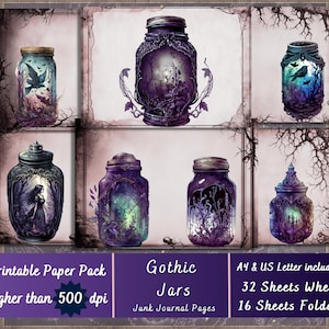 May include: Printable paper pack of 16 sheets of gothic themed junk journal pages featuring illustrations of jars with various scenes inside. The pages are high resolution, over 500 dpi, and come in A4 and US Letter sizes.