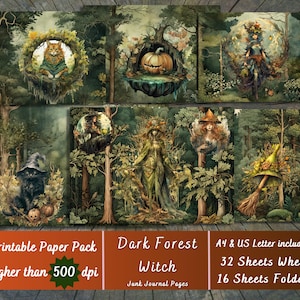 Printable Dark Forest Witch Digital Paper, Hedge Witchy Ephemera, Green Witchcraft Pages, Download Junk Journal, Scrapbooking, Card Making