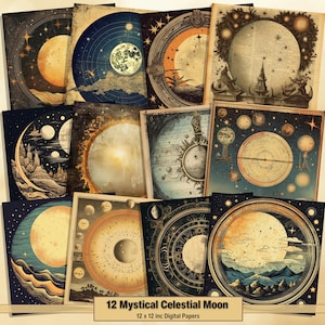 Printable Mystical Moon Digital Paper, Celestial Pages, Night Background, Vintage Ephemera, Download Junk Journal, Scrapbooking, Card Making