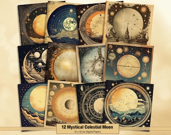 May include: Twelve digital papers featuring celestial moon designs in vintage style. The papers feature moons, stars, and celestial bodies in a variety of colors and patterns. The papers are perfect for scrapbooking, card making, and other craft projects.