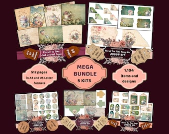 May include: A digital printable pack of 5 kits for junk journaling. The pack includes 512 pages in A4 and US Letter formats, 50 pages of junk journal pages, 50 pages of tags, 50 pages of fussy cut elements, and 50 pages of ephemera. The pack contains 1,104 items and designs. The image shows a variety of vintage-inspired designs with teacups, teapots, and floral patterns.