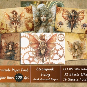 May include: Printable paper pack of 16 steampunk fairy junk journal pages. The pages feature intricate illustrations of fairies with gears and cogs, in shades of brown, gold, and white. The paper pack includes 32 sheets when unfolded, and is printed at a resolution of over 500 dpi.