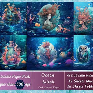 Printable Ocean Witch Digital Paper, Undersea Witchy Ephemera, Sea Witchcraft Pages, Download Junk Journal, Scrapbooking, Card Making