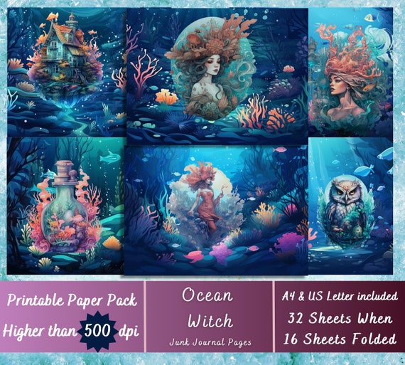 Printable Ocean Witch Digital Paper, Undersea Witchy Ephemera, Sea