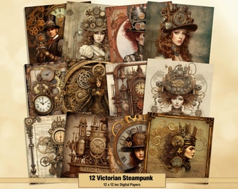 Printable Victorian Steampunk Digital Papers, Mechanical Pages, Background, Ephemera, Download Junk Journal, Scrapbooking, Card Making