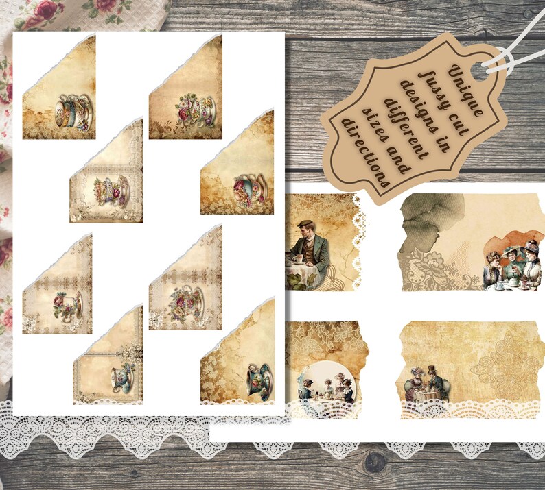Printable Victorian Tea Party Junk Journal Page and Fussy Cuts Kit