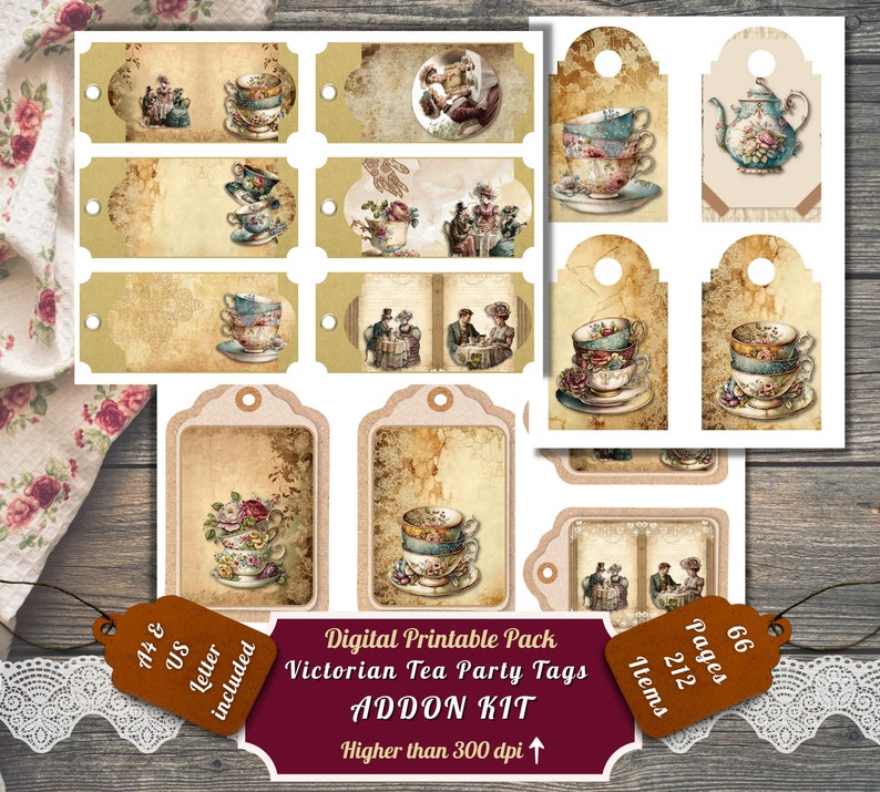 Printable Victorian Tea Party Junk Journal Tags Page Kit Etsy