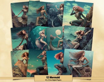 May include: Twelve digital paper designs featuring mermaids with long flowing hair and shimmering tails. The mermaids are depicted in various poses against a backdrop of blue and green water and rocky outcroppings. The papers are perfect for crafting, scrapbooking, and digital design projects.