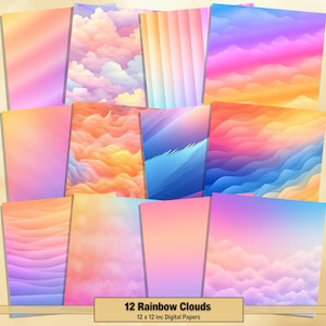 Printable Rainbow Clouds Digital Papers, Pastel Ombre Pages, Gradient Background, Ephemera, Download Junk Journal, Scrapbooking, Card Making