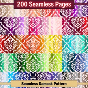 Printable 200 Seamless Damask Pattern Digital Papers, Victorian Rainbow Colour Page, Collage Paper Pack, Download Junk Journal, Scrapbooking