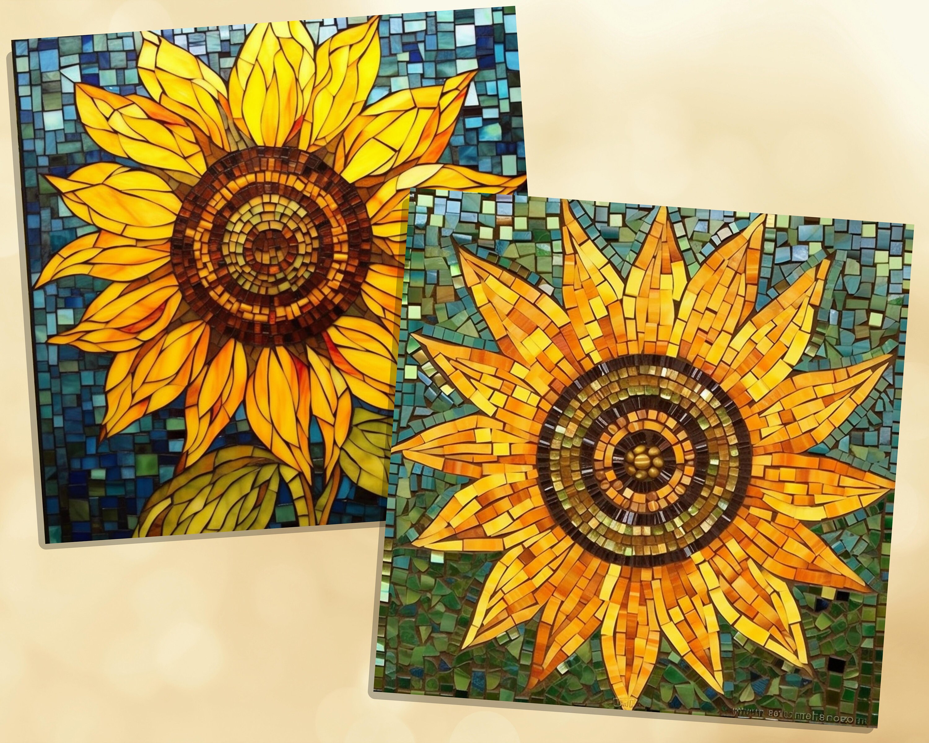 Printable Sunflower Mosaic Digital Papers, Stained Glass Page, Floral ...