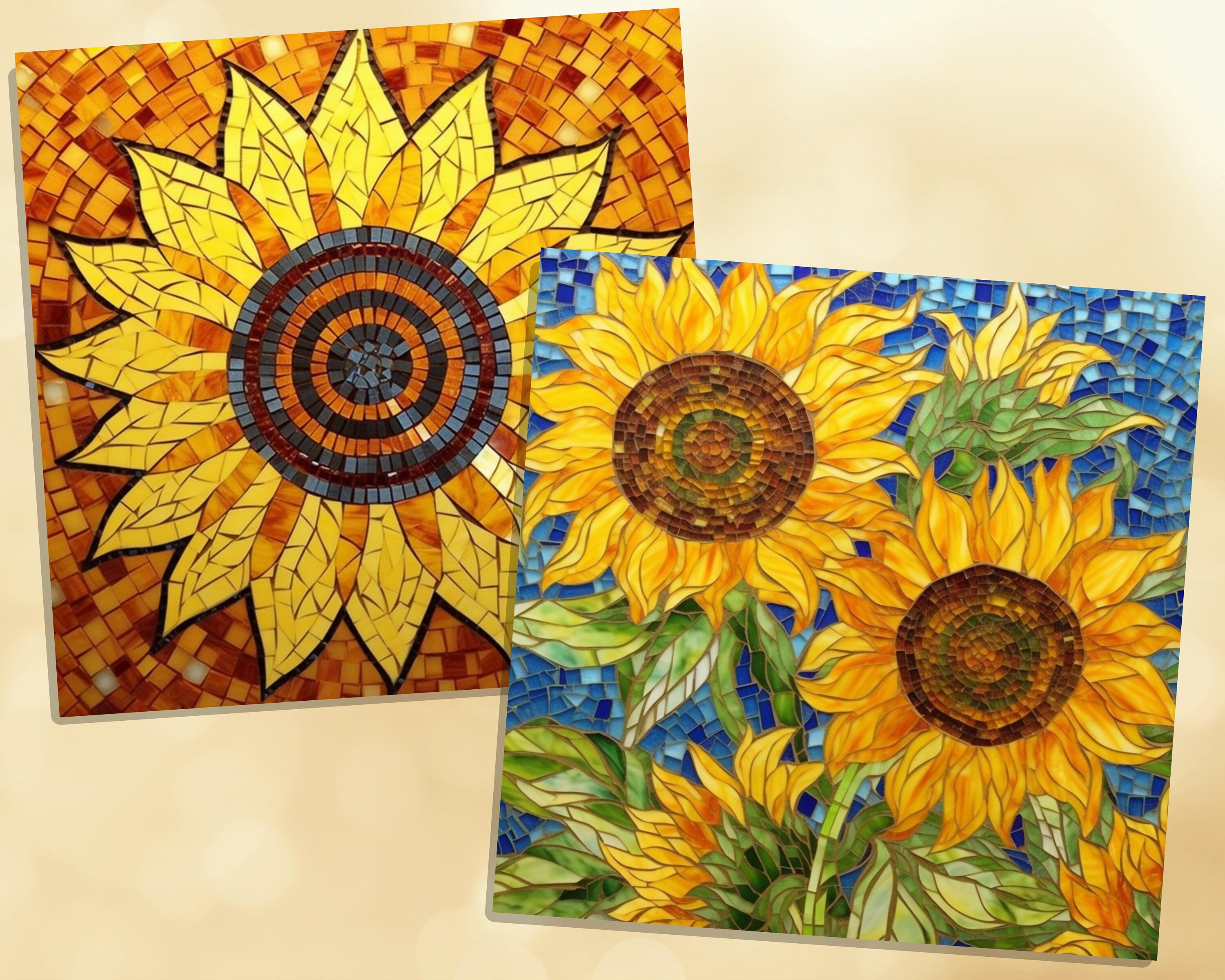Printable Sunflower Mosaic Digital Papers, Stained Glass Page, Floral ...