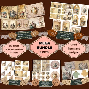 May include: A digital printable paper pack with a Victorian tea party theme. The pack includes 512 pages in A4 and US Letter formats, 66 pages of tags, and 40 pages of envelopes and stamps. The pack contains 1,104 items and designs.