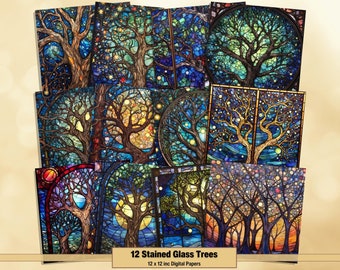 Printable Stained Glass Trees Digital Papers, Stained Glass Pages, Background, Ephemera, Download Junk Journal, Scrapbooking, Card Making