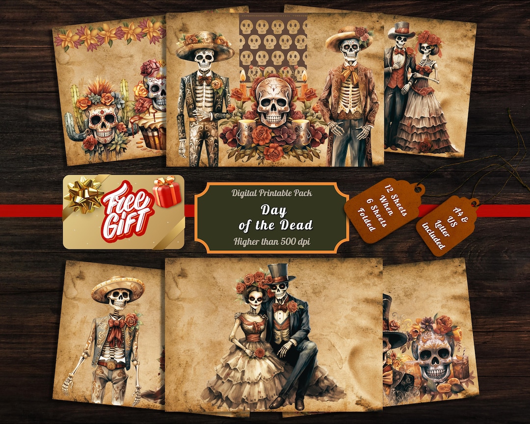 Printable Day of the Dead Digital Papers, Sugar Skull Ephemera, Dia De ...