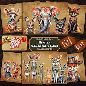 Printable Mexican Halloween Animal Digital Papers, Dia de Los Muertos Ephemera, Mexican Pages, Download Junk Journal, Scrapbook, Card Making