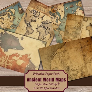 Printable Vintage Maps Digital Paper, Antique World Map Ephemera, Distressed Pages, Download Junk Journal, Craft Scrapbooking, Card Making