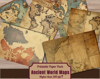 Printable Vintage Maps Digital Paper, Antique World Map Ephemera, Distressed Pages, Download Junk Journal, Craft Scrapbooking, Card Making