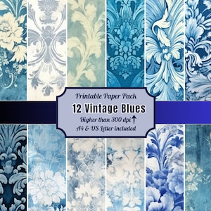 Printable Victorian Blue Damask Junk Journal Pages Kit, Vintage Floral Papers, Magical Ephemera, Digital Download, Scrapbooking, Card Making