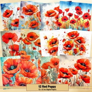 Printable Red Poppies Digital Paper, Red Poppy Pages, Vintage Background, Spring Ephemera, Download Junk Journal, Scrapbooking, Card Making