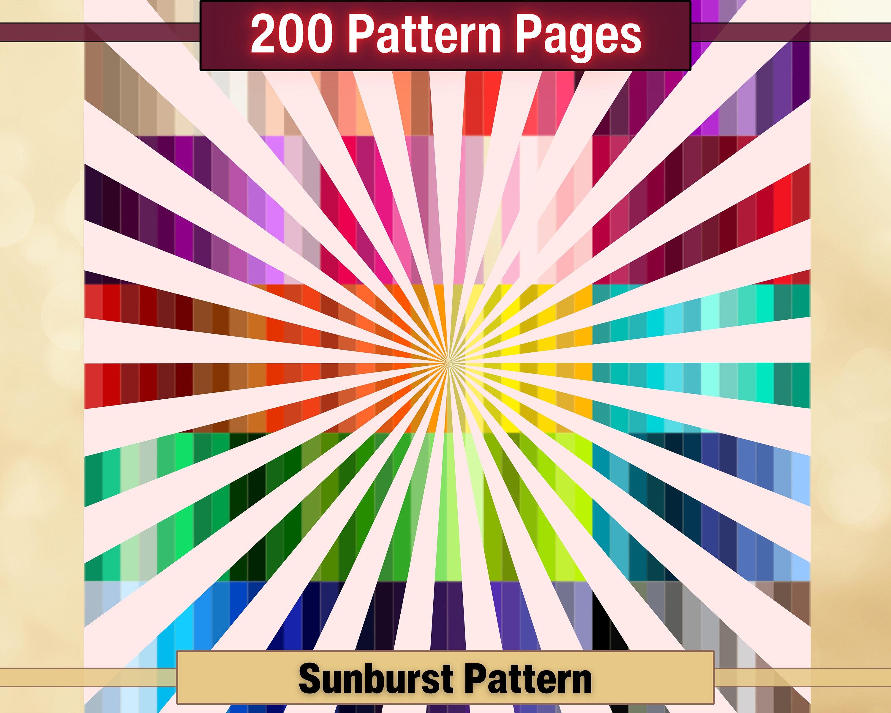 Printable 200 Sunburst Pattern Digital Paper, Starburst Rainbow Color Page, Sun Rays Collage Paper Pack, Download Junk Journal, Scrapbooking