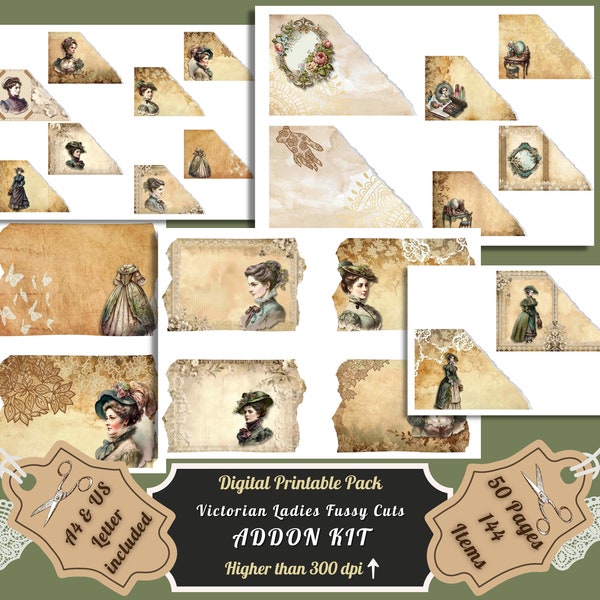 Printable Victorian Woman Junk Journal Pages and Fussy Cuts Kit, Vintage Lady Paper, Ephemera, Digital Download, Scrapbooking, Card Making