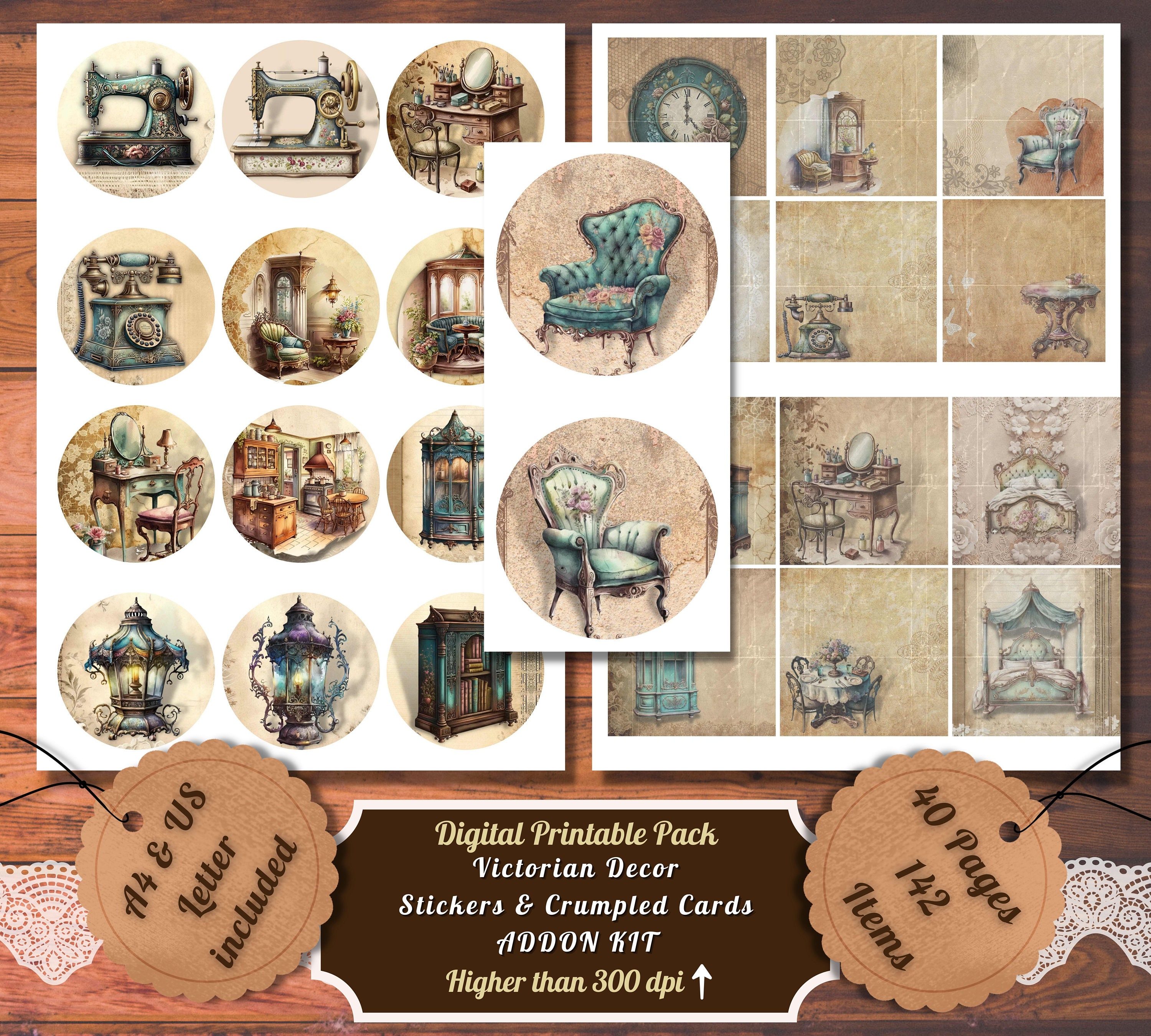Printable Victorian Decor Junk Journal Stickers and Atcs Pages 