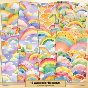 Printable Watercolor Rainbows Digital Papers, Rainbow Patterns Pages, Background, Ephemera, Download Junk Journal, Scrapbooking, Card Making