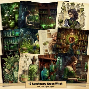 Printable Apothecary Green Witch Digital Paper, Herbal Pages, Background, Vintage Ephemera, Download Junk Journal, Scrapbooking, Card Making
