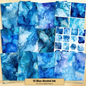 Printable Blue Alcohol Ink Digital Papers, Liquid Paint Pages, Blue Background, Ephemera, Download Junk Journal, Scrapbooking, Card Making