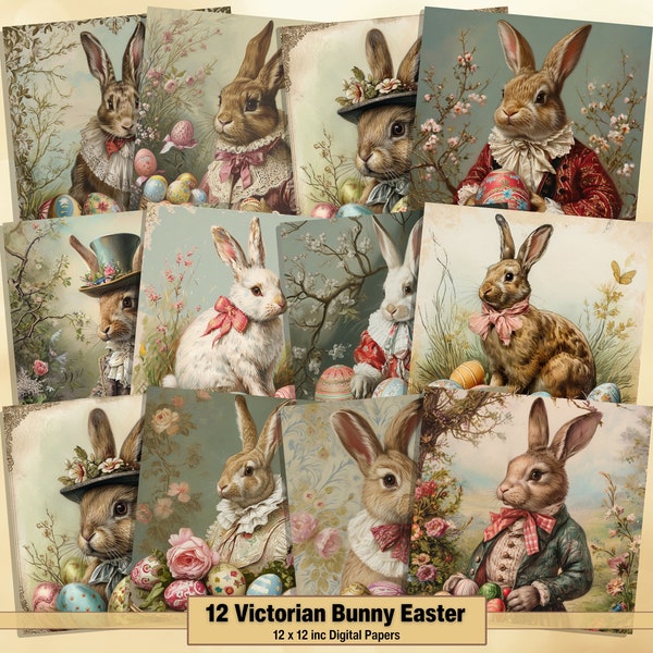 Victorian Easter Bunny Digital Papers, Printable Happy Easter Pages, Spring Background, Rabbit Ephemera, Download Junk Journal, Scrapbooking